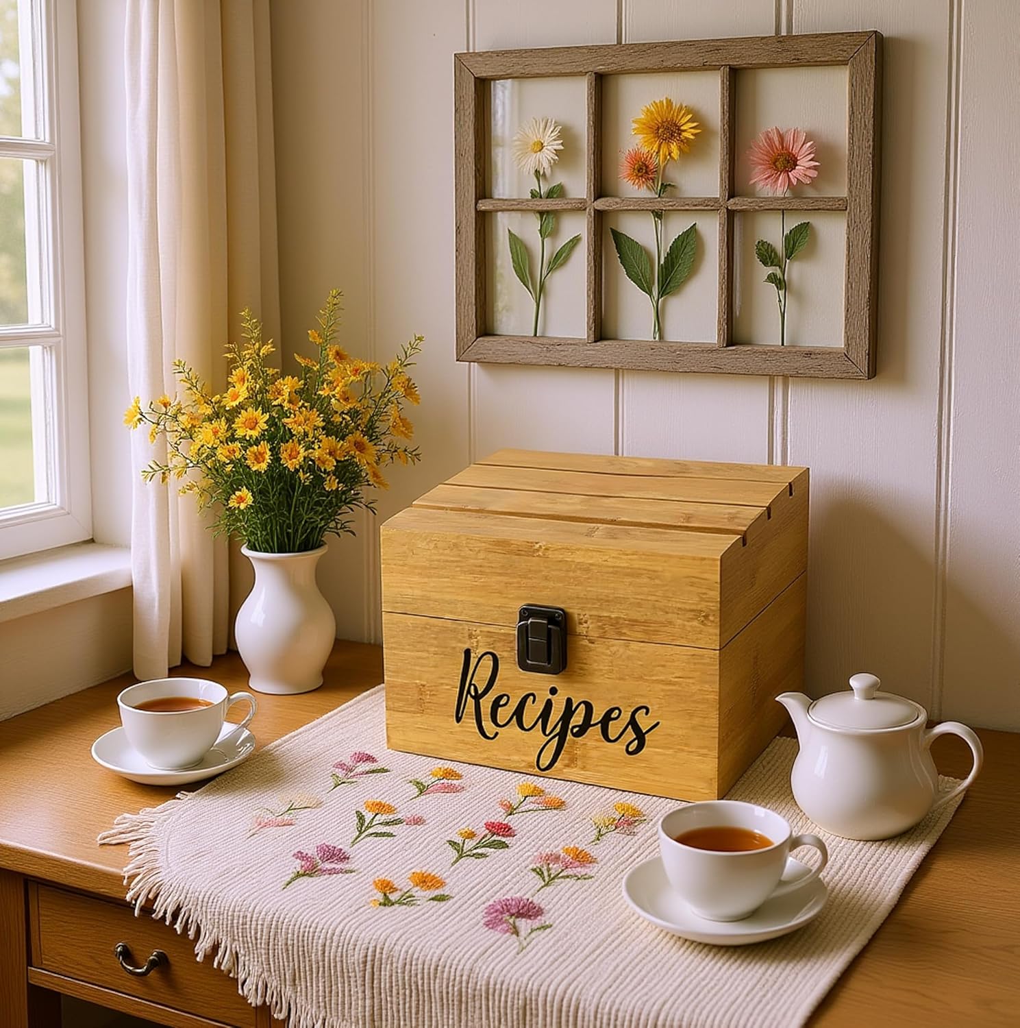 4"x6" Recipe Card Storage Box Phone/Tablet/Card Holders on Top Bamboo Wood Chest