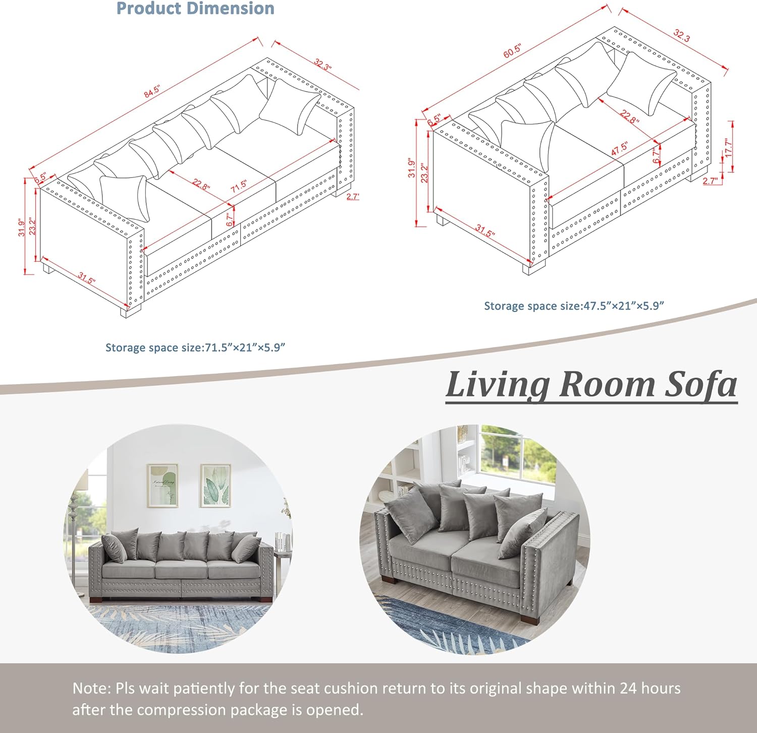 Harper & Bright Designs 2-Piece Modern Velvet Upholstered 2+3 Seater Sofa Set with Storage Space, Loveseat and Sofa Couch with Silver Nail Trim, Pillows, Removable Washable Cushion Covers