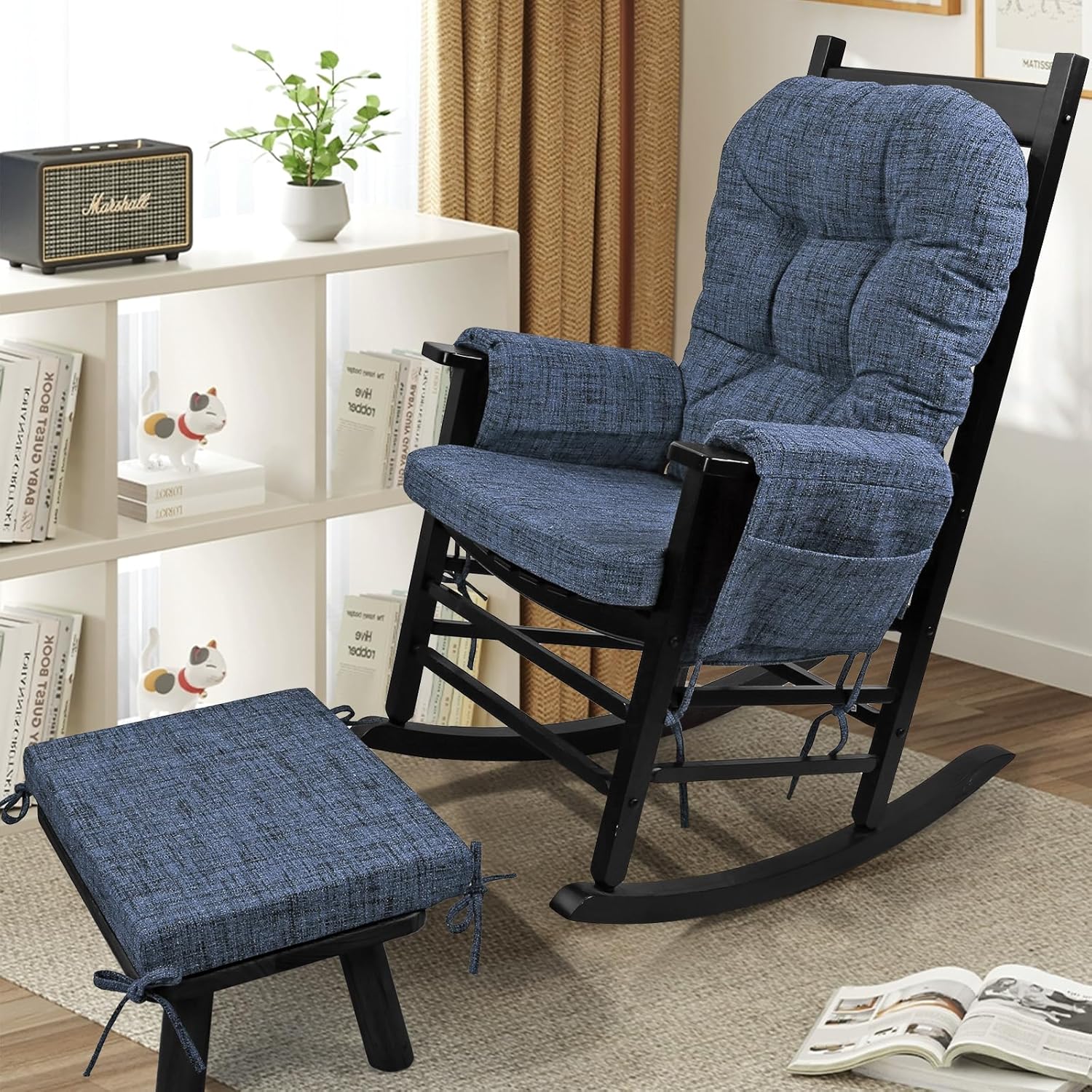 SINOSSO Glider Rocker Cushion Set (5 Pcs), Soft Blended Fabric High-Density Support Foam Seat Cushions with Ties, Fits Rocking Chair/Nursery Glider & Ottoman, Blue