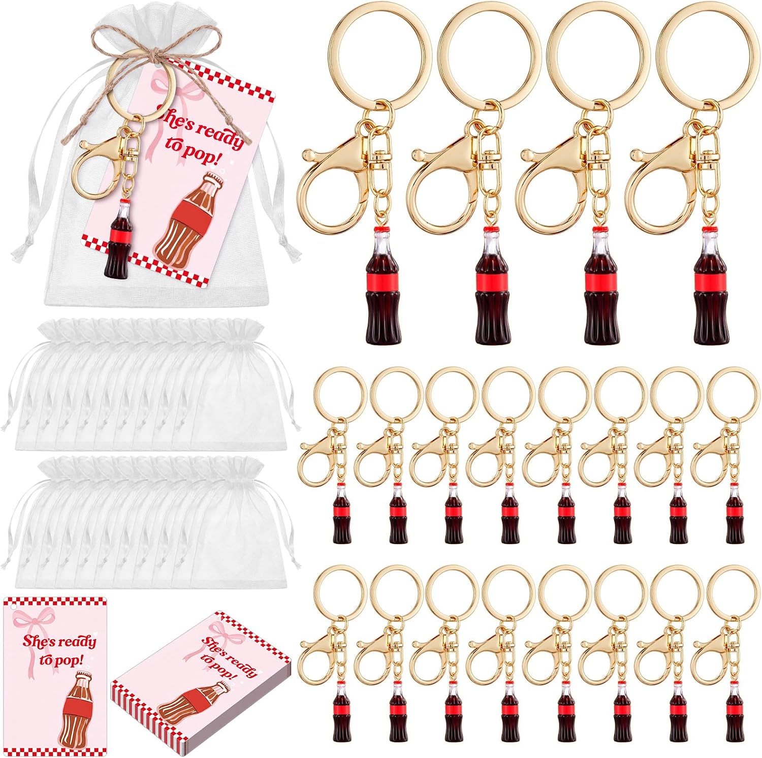 20 Set She's Ready to Pop Party Favors, Cola Bottle Keychain Bulk