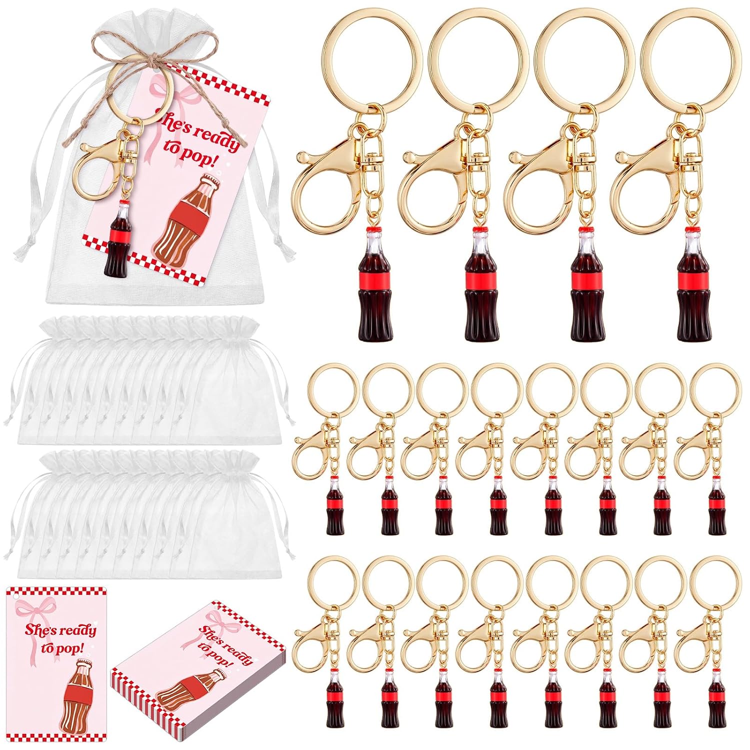 20 Set She's Ready to Pop Theme Keychain Party Favor Bulk Steel Keyring Cola Accessories Souvenir Present Tag Organza Bag for Soda Drink Themed Baby Shower Party Birthday Parties Banquet Gift