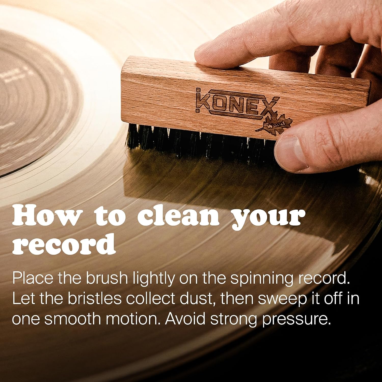 KONEX Anti Static Record Brush for Vinyl Records, Carbon Fiber Record Cleaning Brush with Beech Wood Handle, Vinyl Record Brush Dust Remover, LP Record Cleaner, Turntable Accessories