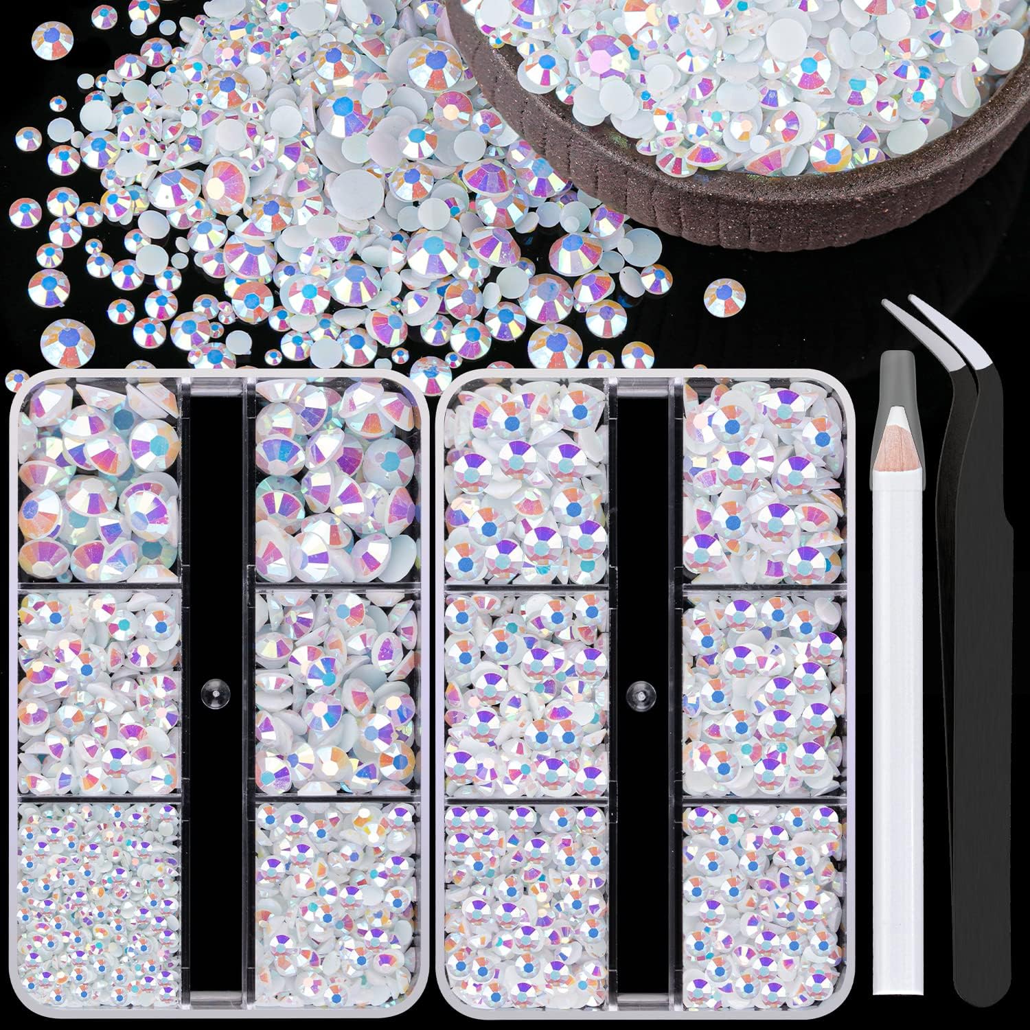 BELLEBOOSTBELLEBOOST Resin Rhinestones Kits, 2/3/4/5/6mm Flatback Jelly Rhinestones, 2 Box White AB Non Hotfix Crystal Gems for DIY Crafts Mugs Bottles Tumblers Clothes Makeup Nail Manicure