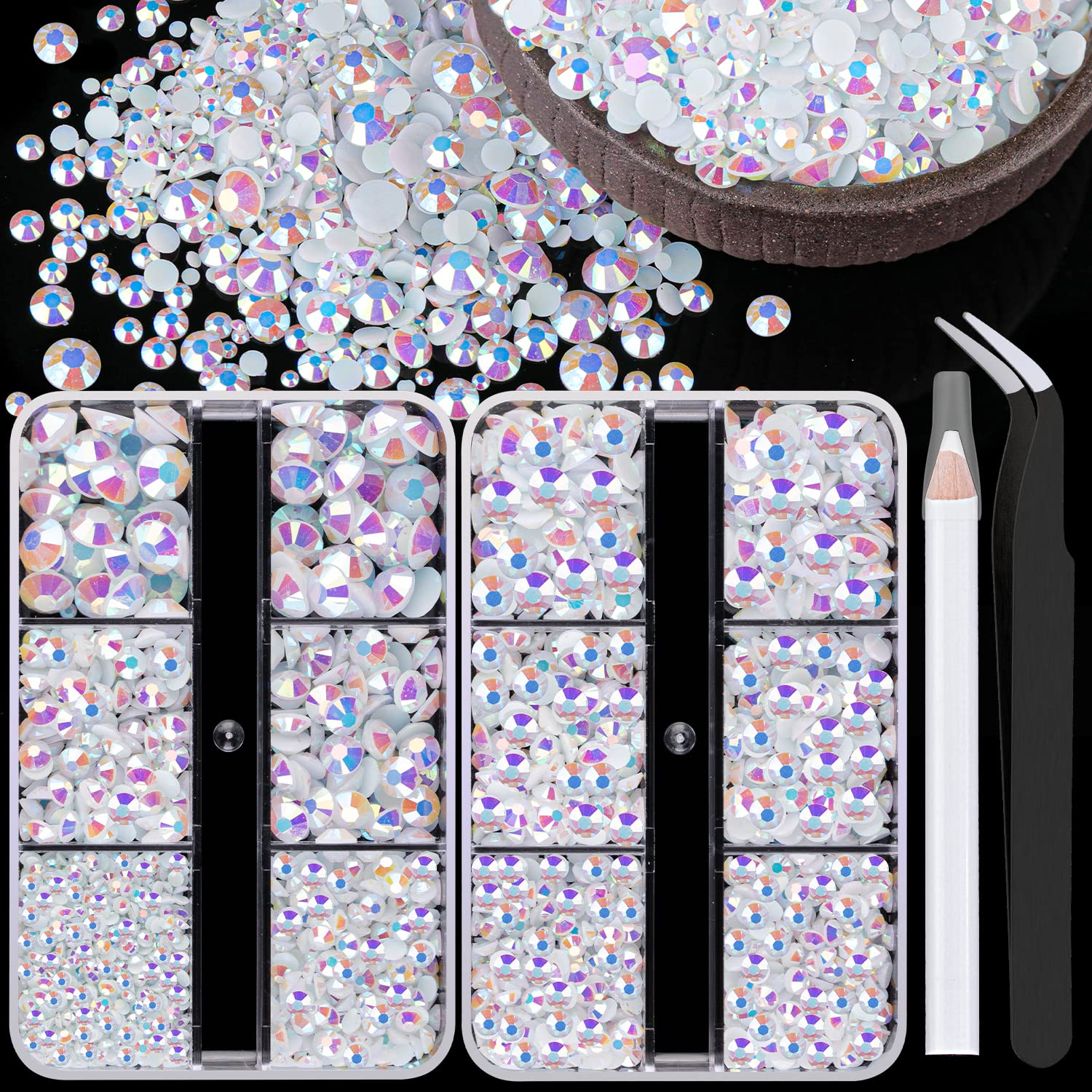 BELLEBOOSTBELLEBOOST Resin Rhinestones Kits, 2/3/4/5/6mm Flatback Jelly Rhinestones, 2 Box White AB Non Hotfix Crystal Gems for DIY Crafts Mugs Bottles Tumblers Clothes Makeup Nail Manicure