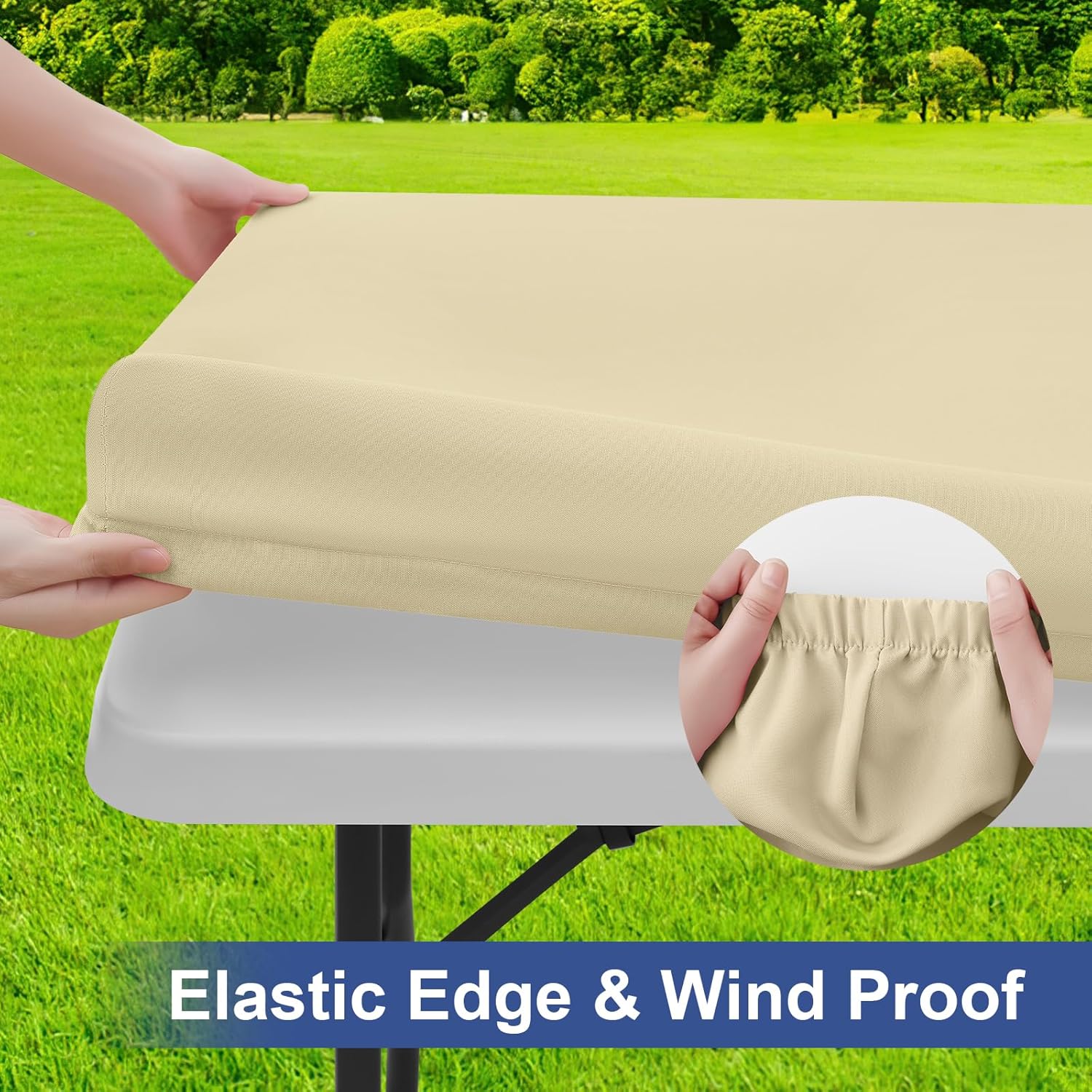 homing rectangle table cloth cover, waterproof polyester elastic fitted tablecloth, fits for 6 foot folding tables, washable table protector for picnic, camping, outdoor (champagne, 36" x 72") 72" x 36" (rectangular) champagne 1