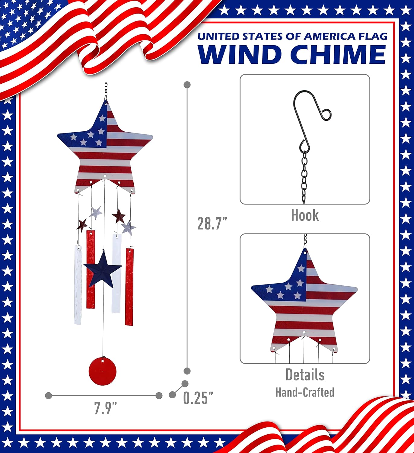 CoTa Global USA Flag Star Wind Chime - American Flag Patriotic Indoor or Outdoor Windchime Home Decor with Hanging Bells, Handcrafted Glass and Metal Wind Chimes for Yard, Garden, Porch - 28.7 Inches