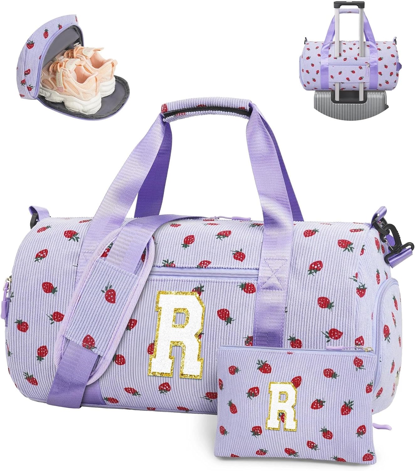 Easter Gifts for Girls, Kids Duffle Bag with Shoe Compartment, Dance Gymnastics Cheer Ballet Overnight Bag, Initial Personalized Weekend Bag, Birthday Gifts for 4 5 6 7 8 Year Old Girl Tween（purple-R）