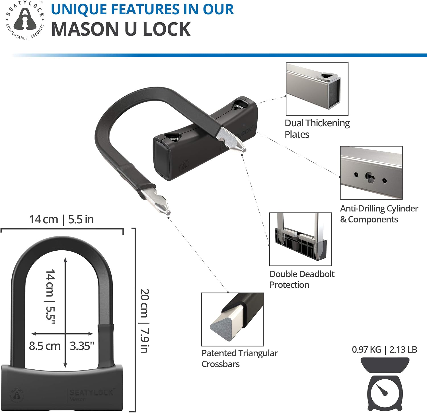 SeatyLock Mason Bike U Lock, Patented Heavy Duty Anti Theft Sold Secure Diamond Rated Bike ULock - Image 5