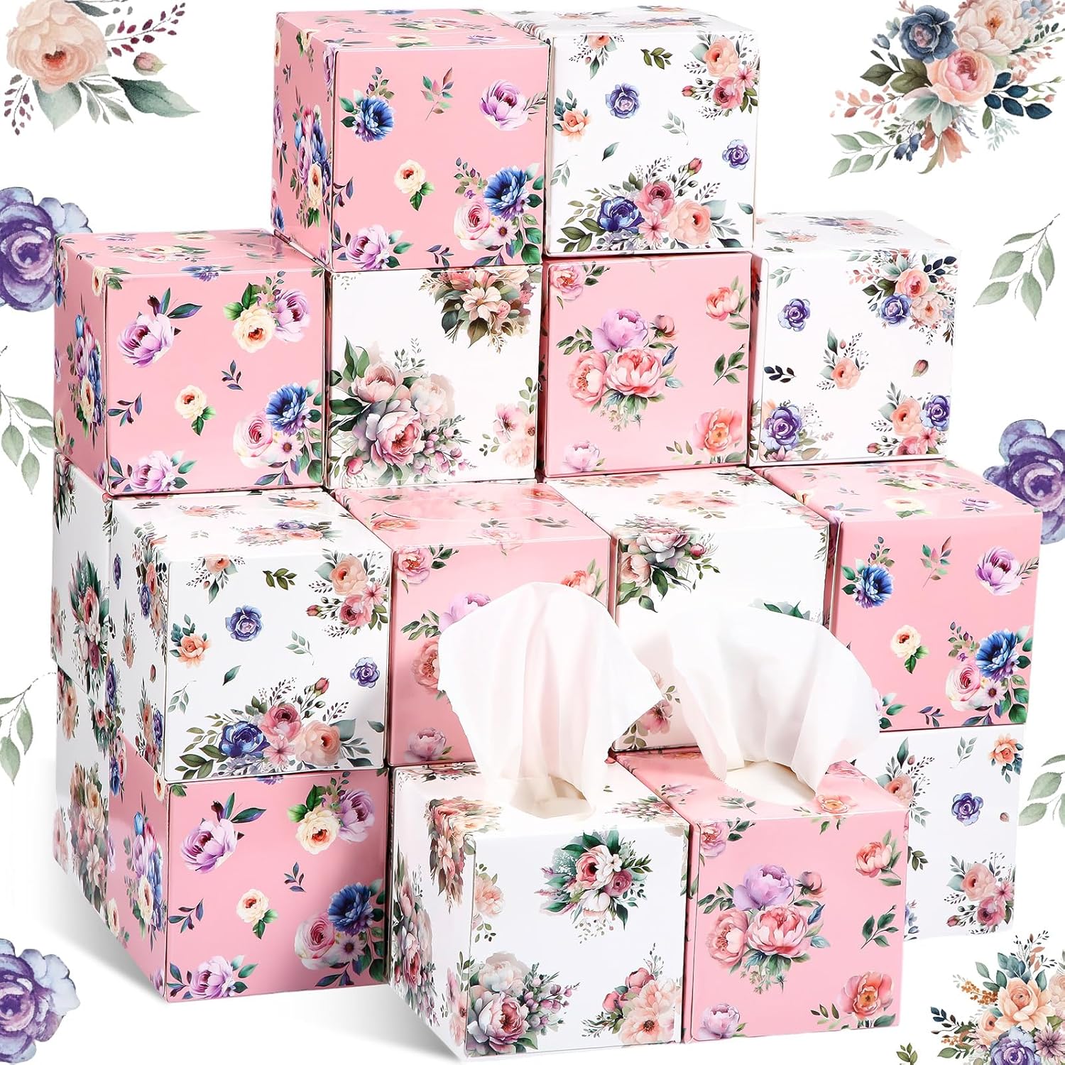 Yaomiao 24 Packs tissues cube boxes 1920 Sheets Facial Tissues Bulk Floral Paper Tissue Boxes 80 Tissues Per Box 2 Ply square tissue paper for Car Household Toilet Bedroom School Family Office Travel