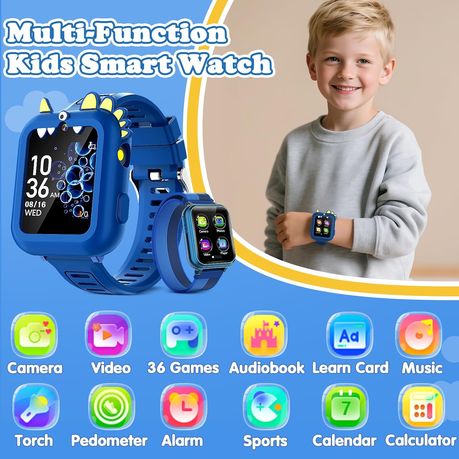 Kids Smart Watch Boys Gift Age 3-12 with 39 Games Alarm Clock Camera Video Music Player Pedometer Flashlight 12/24 hr HD Touch Screen Kids Watch Birthday Boys Gift Toys for 4 5 6 7 8 9 10 Years Olds