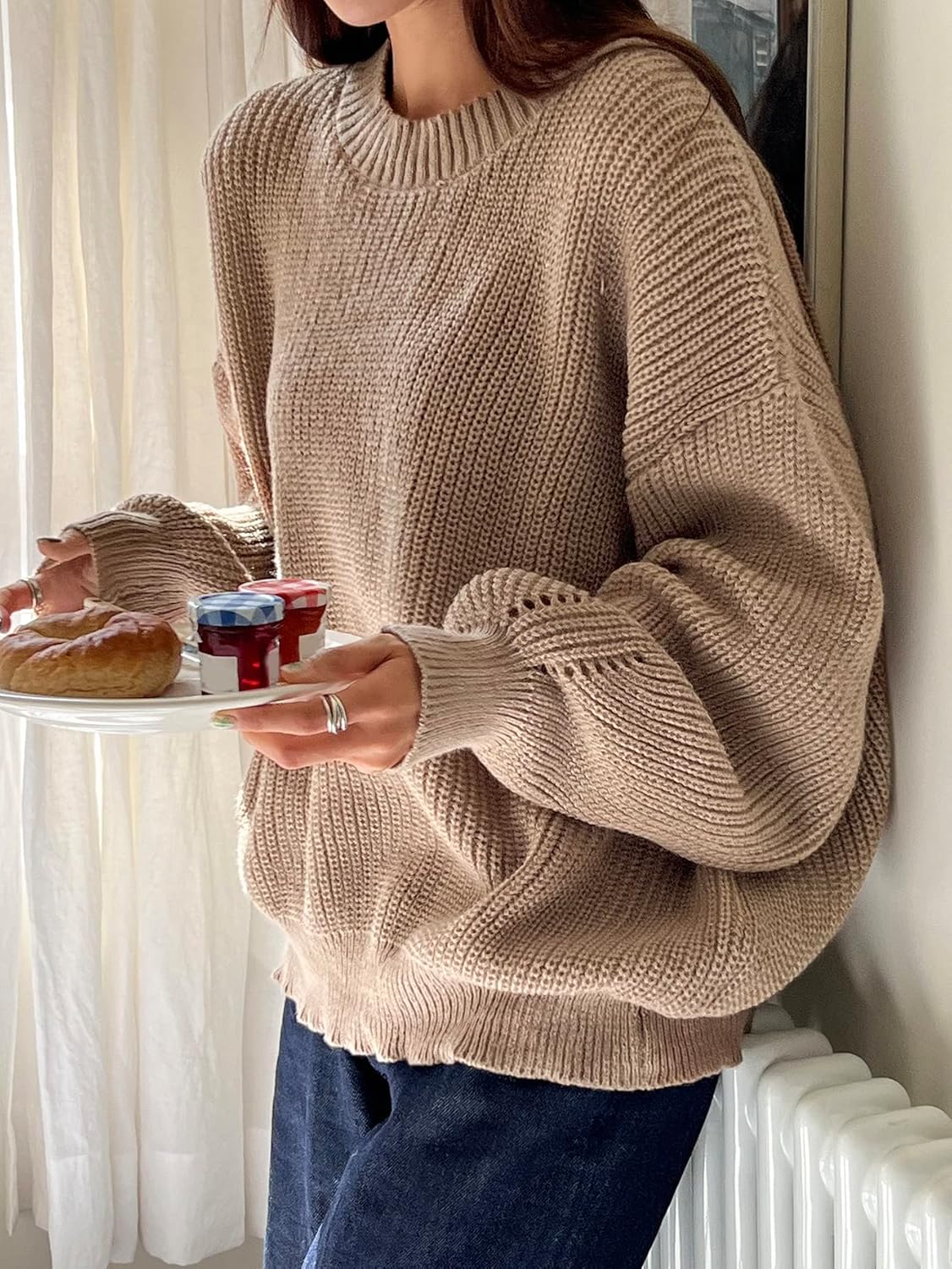 Women's Sweater Eyelet Detail Ribbed Knit Drop Shoulder Sweater Sweater for Women (Color : Khaki, Size : Medium)