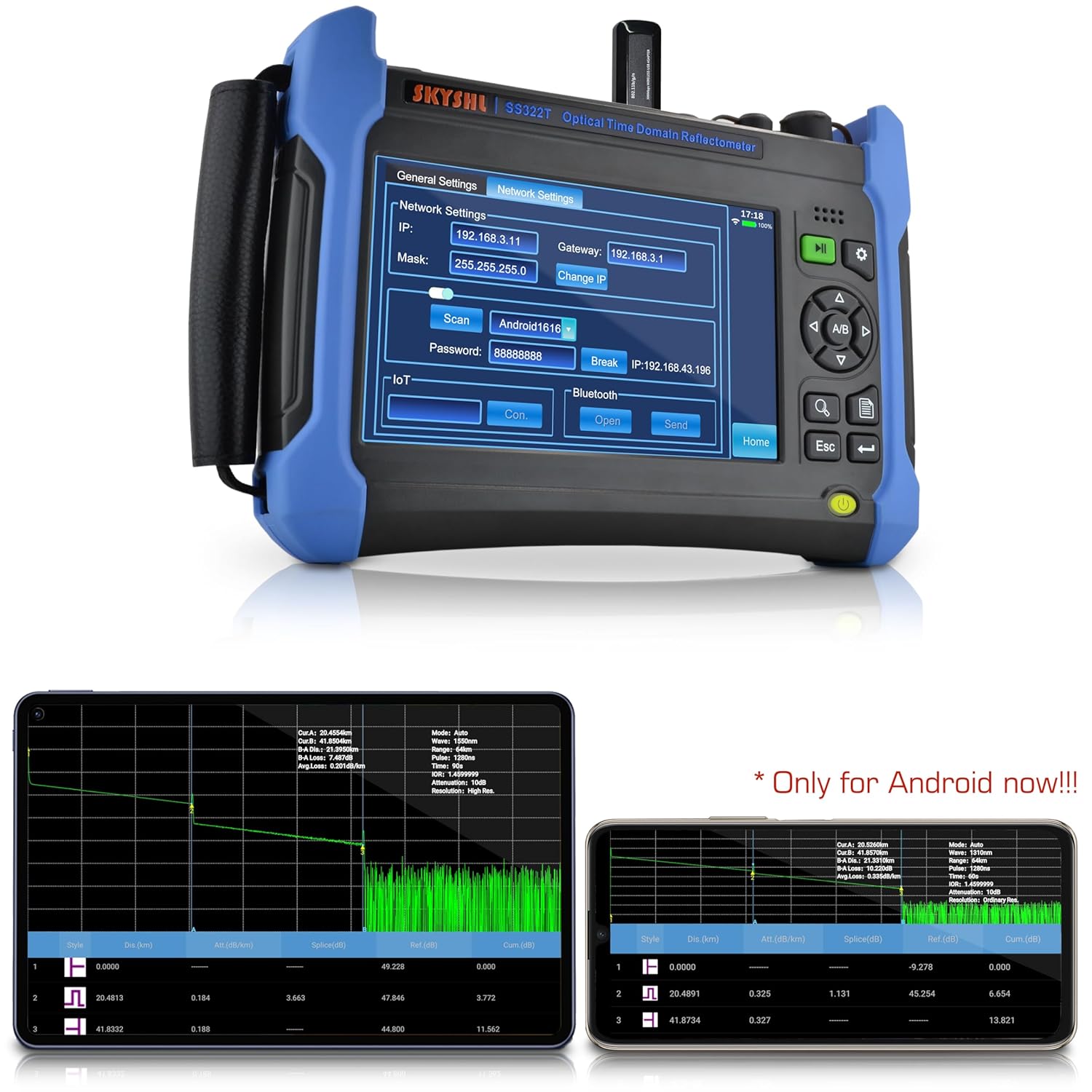 SKYSHL SS322T-2G1 OTDR Fiber Tester network settings screen