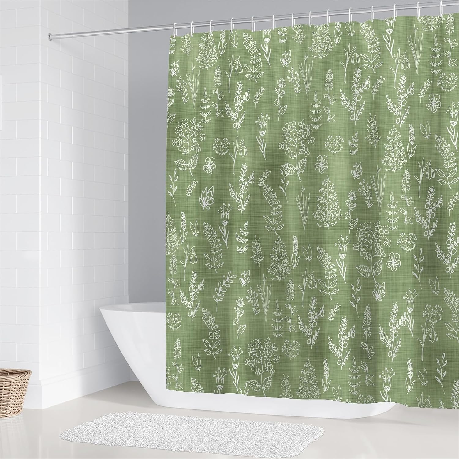 Chrainy 4pcs Green Leaves Shower Curtain Set with Rugs Floral Bath Decor