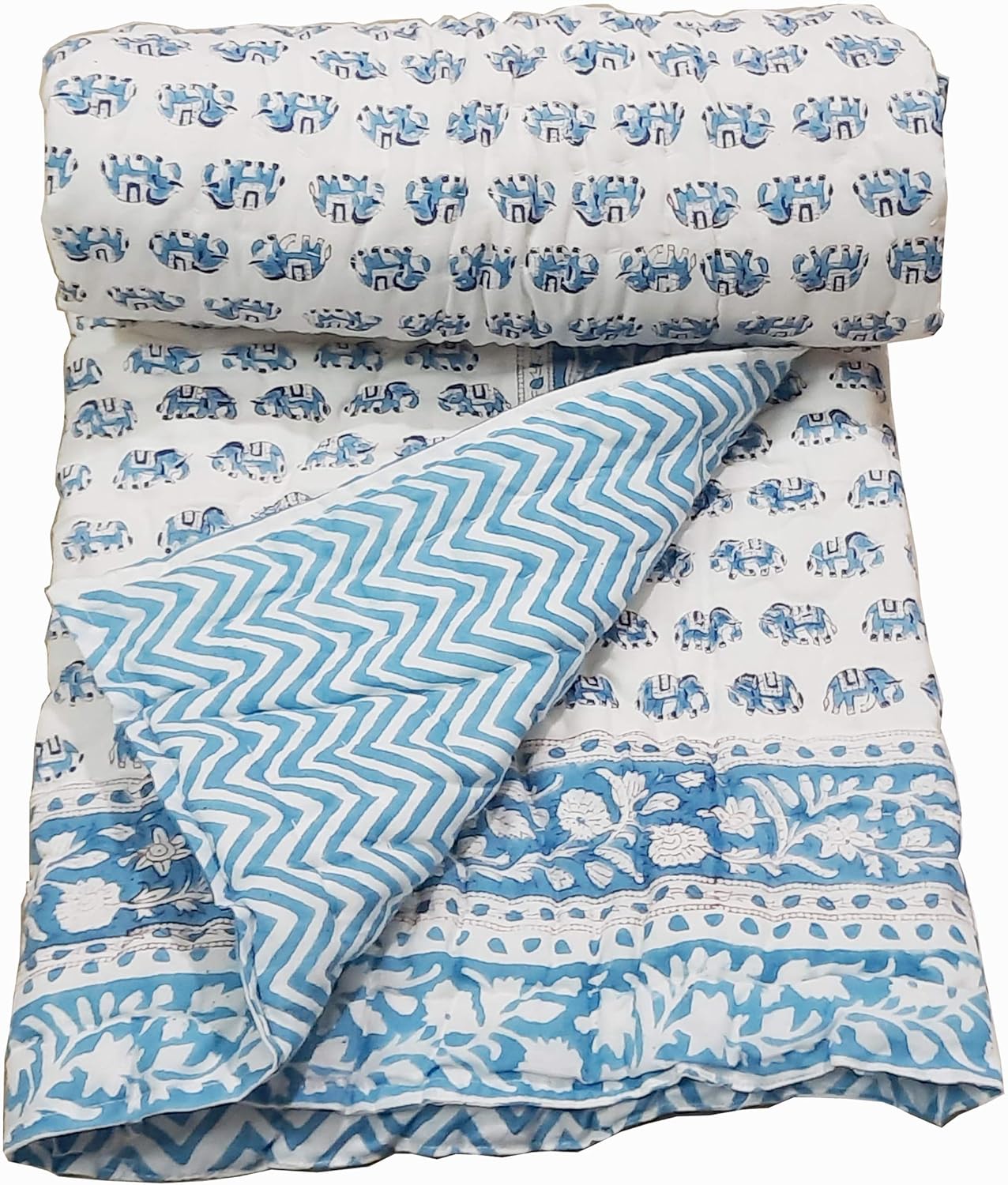 Hand Block Print Reversiable Quilt Jaipuri Razai Blanket Throw TraditionalHandmade Light Weight Quilt Twin/King/California US (King/Queen Size 90x108 Inch)