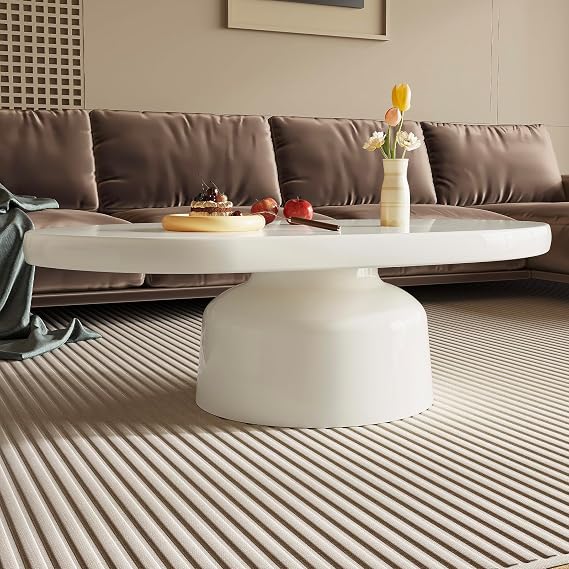 Guyii Modern White Coffee Table Oval Simple Centre Table with Elegant Design Cream White Multi Function Table Ideal for Living Room or Bedroom Easy to Assemble