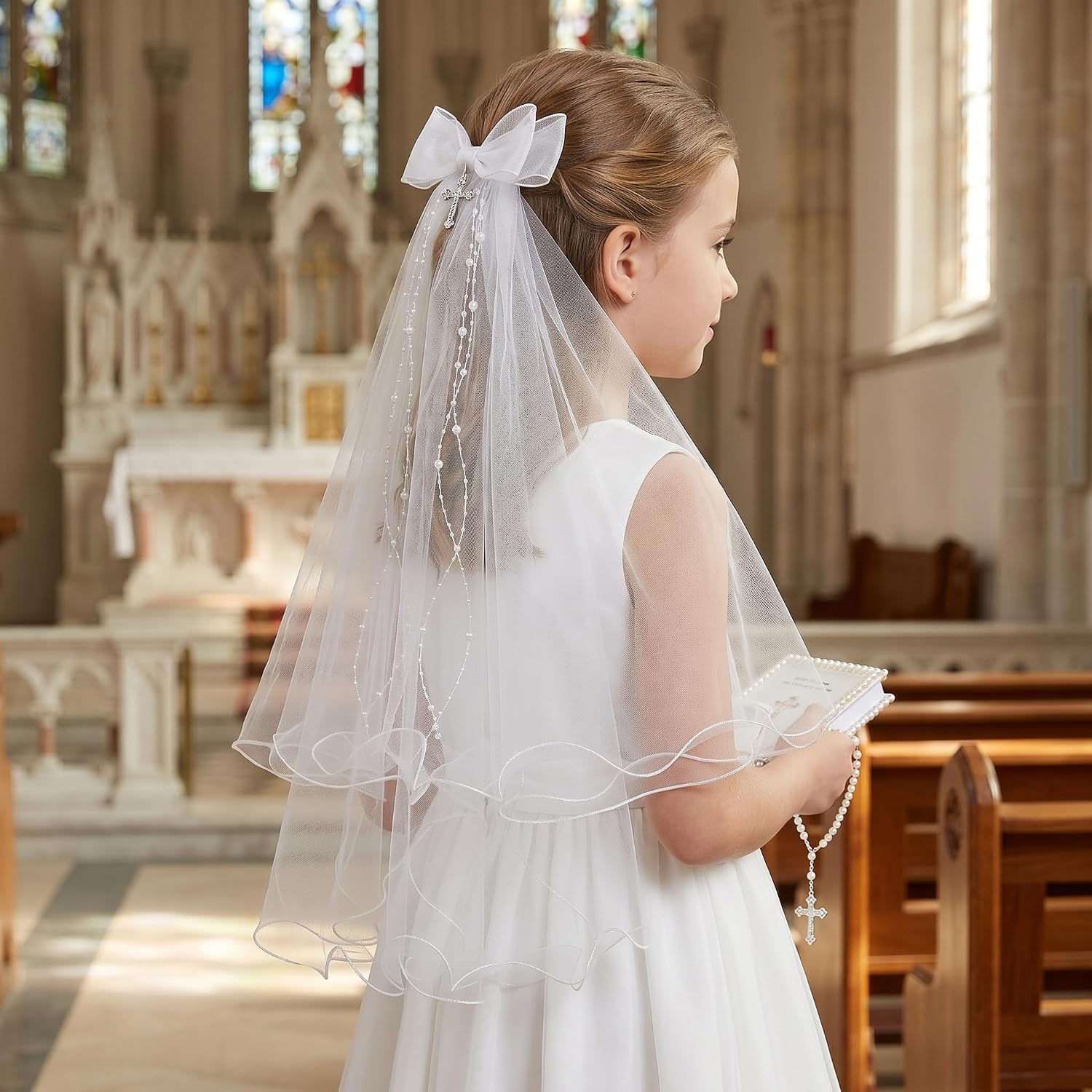 First Communion Veil for Girls, White Bow Communion Veil with Cross & Pearl Beads, Catholic First Holy Communion Headpiece