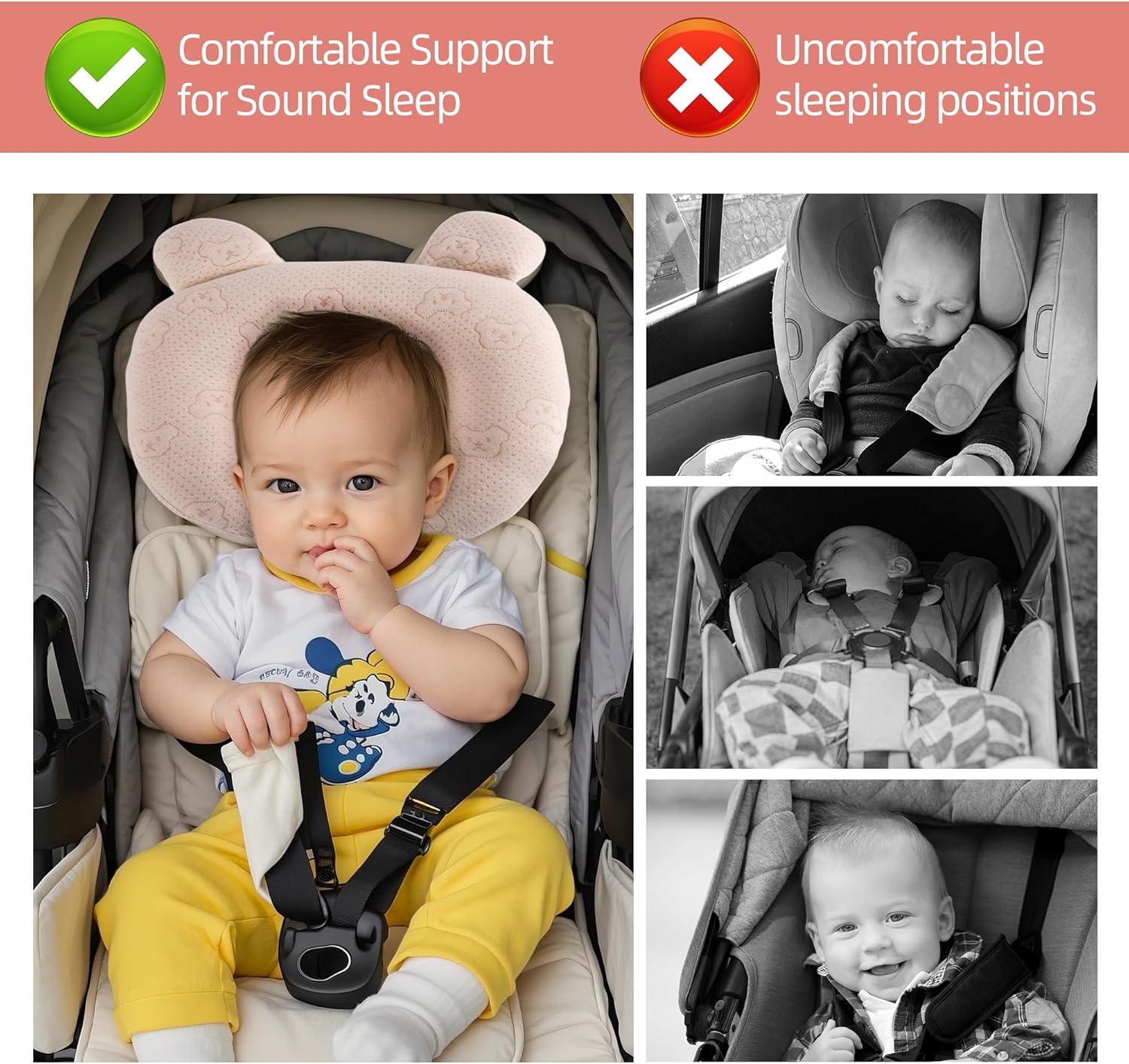 Portable Baby Pillow, Adjustable Cute Cartoon Bear Soft and Cozy Pillow, Ergonomic Design Soft Hypoallergenic Pillows for Newborn Babies Sleeping Prevent Flat Head - Image 7