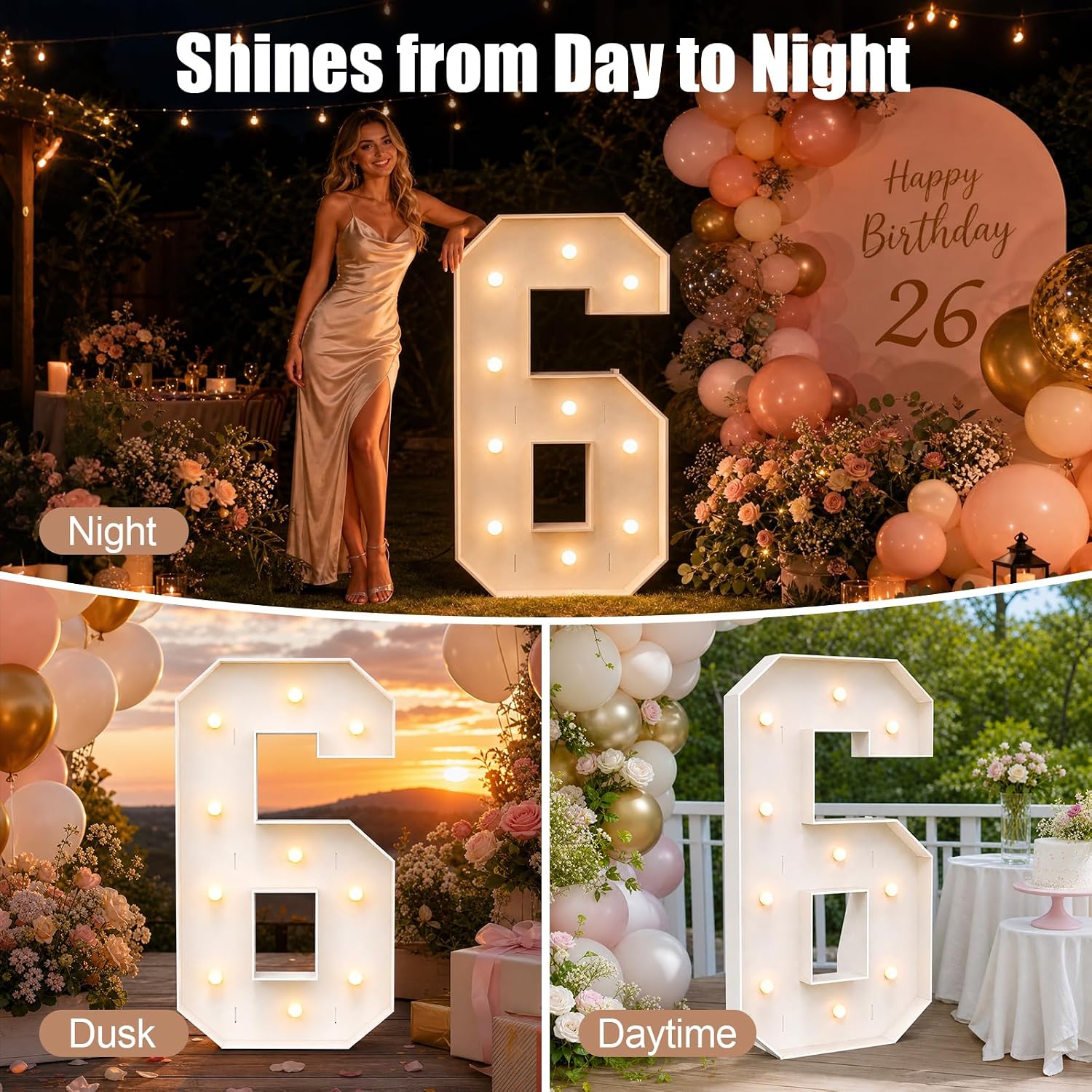 4FT Marquee Light Up Number 6, Party Decoration Large Marquee Light Up Letters with Weighted Water Bag, Pre-cut Foam Board Set Can Be Used for Birthdays, Weddings, Baby Anniversaries-White