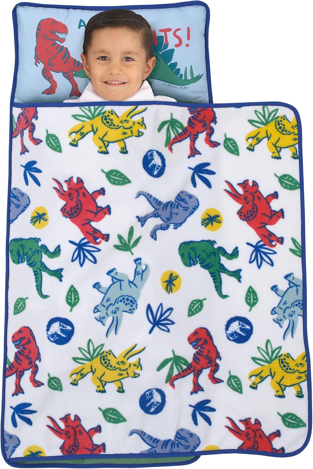 NoJo Universal Jurassic World Wild and Free Green, Blue, and Yellow Adventure Awaits Dinosaur Toddler Nap Mat
