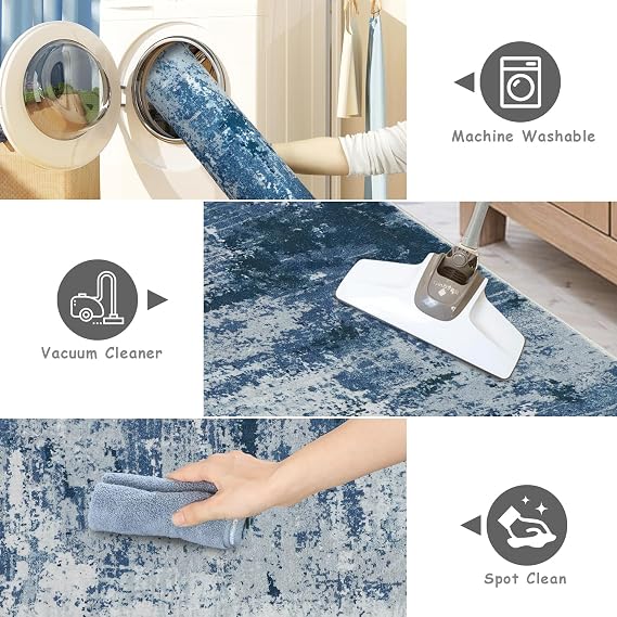 Cekene Carpet Runners for Hallways Non-slip Long Blue 65x240cm Washable Kitchen Rug Distressed Hallway Runner Mat Thin Low Pile Floor Carpet for Entrance Bathroom Laundry Bedroom