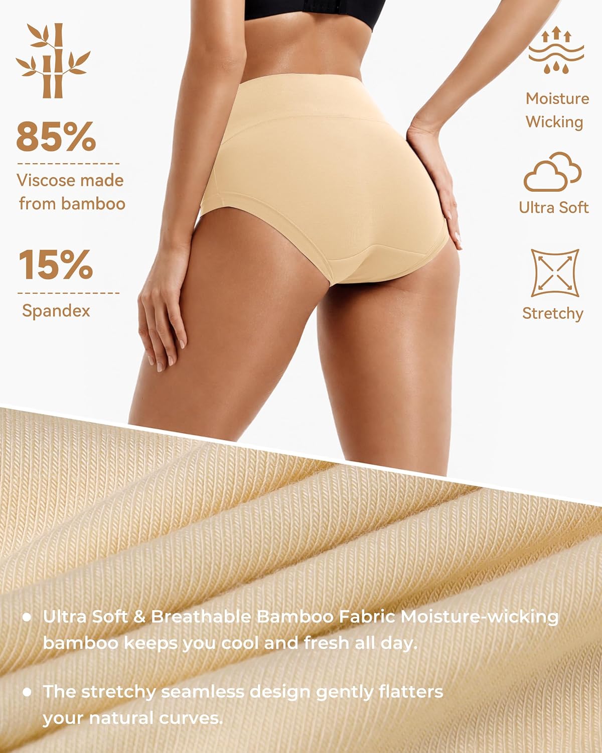 BAMBOO COOL High Waisted Women's Briefs Underwear Tummy Control Ladies Panties Moisture Wicking Soft and Breathable