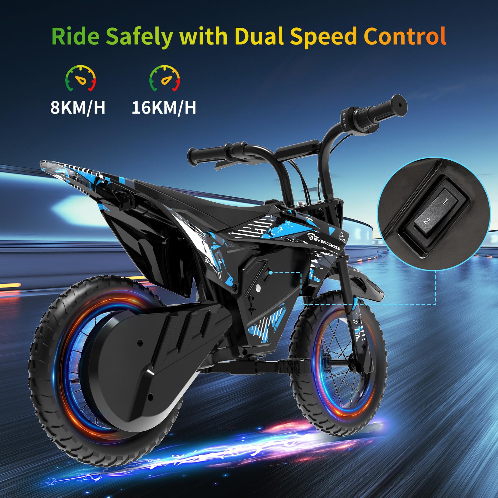 Moto elettrica per bambini EVERCROSS EV13M con pneumatici larghi 12”, modalità di velocità 8/16KM/H e autonomia 12KM, sistema frenante a disco, per bambini di età compresa tra 3 e 7 anni
