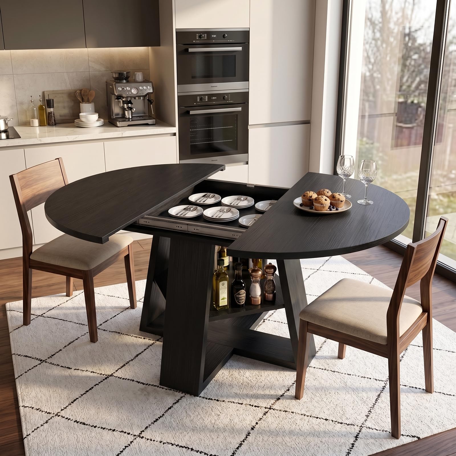Comedor Mesa Extensible Redonda Madera con Estante, para 6-8 Personas