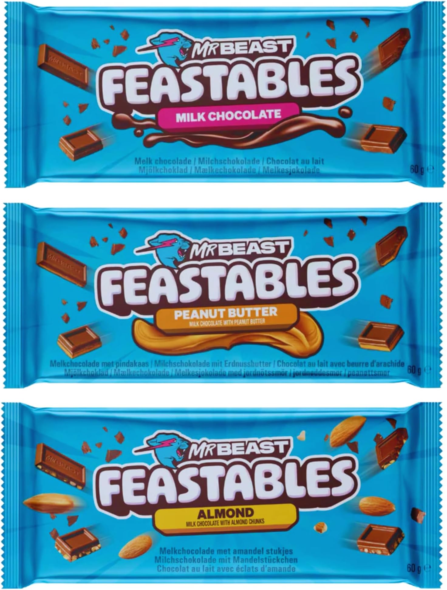 Milk Chocolate Bar Feastables Mrbeast Healthy Snack Individually Wrapped Bars for Dessert, Snacks Treats for Kids Small Gifts Presents for Women Mens Gift Set (Milk - Peanut - Almond)