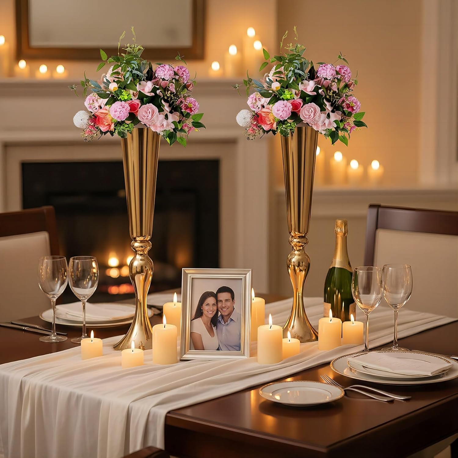 Gold Centerpieces for Table Wedding Vase - 2 Pcs 21.9" Tall Versatile Metal Trumpet Vase Tabletop Flower Stand for Party Dinner Anniversary Ceremony Centerpiece Event