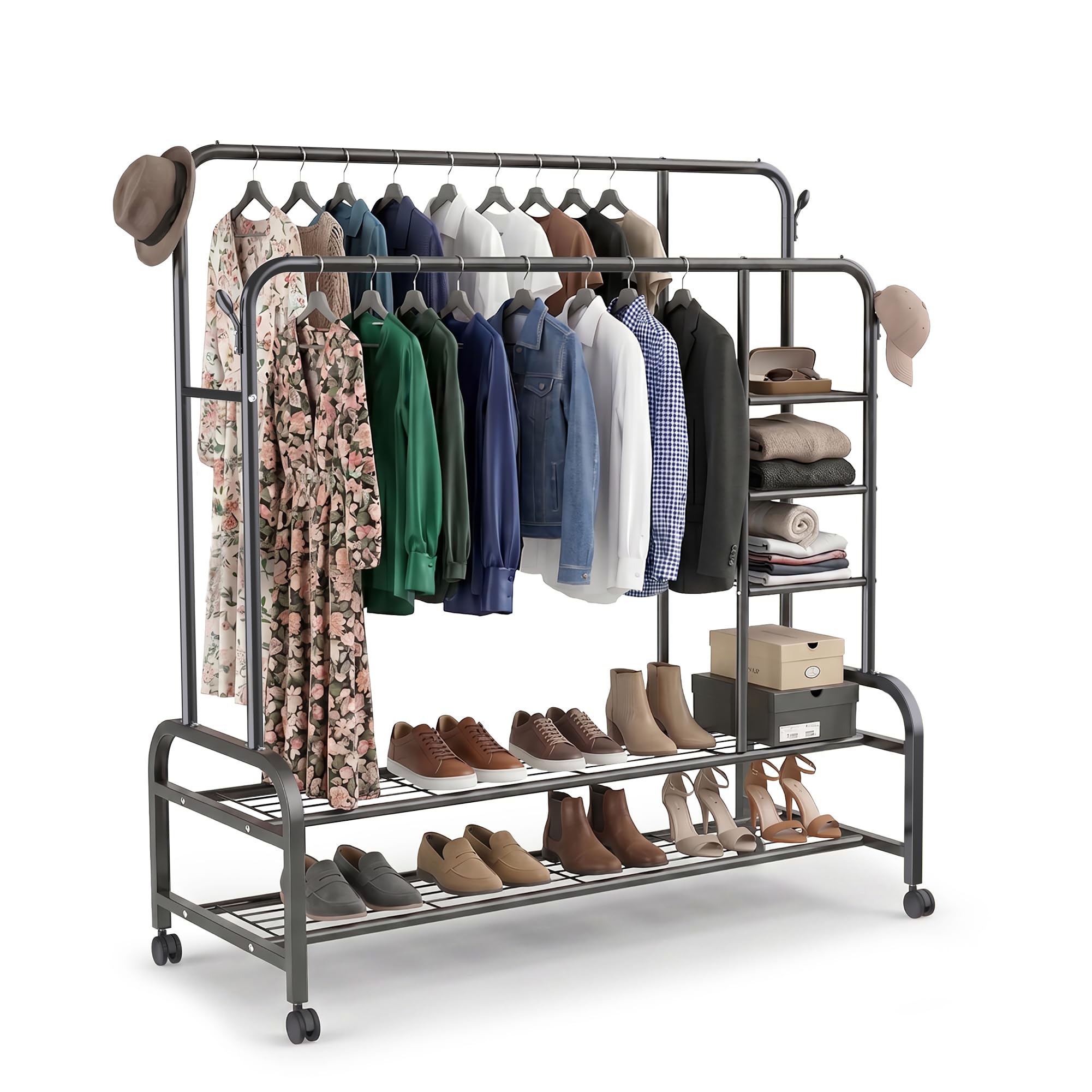 Burro de Ropa Resistente 150 cm con Doble Barra y Zapatero - Perchero de Pie con Ruedas 360 Armario Abierto Multifunción para Vestidor y Dormitorio Antideformación - Acero Negro