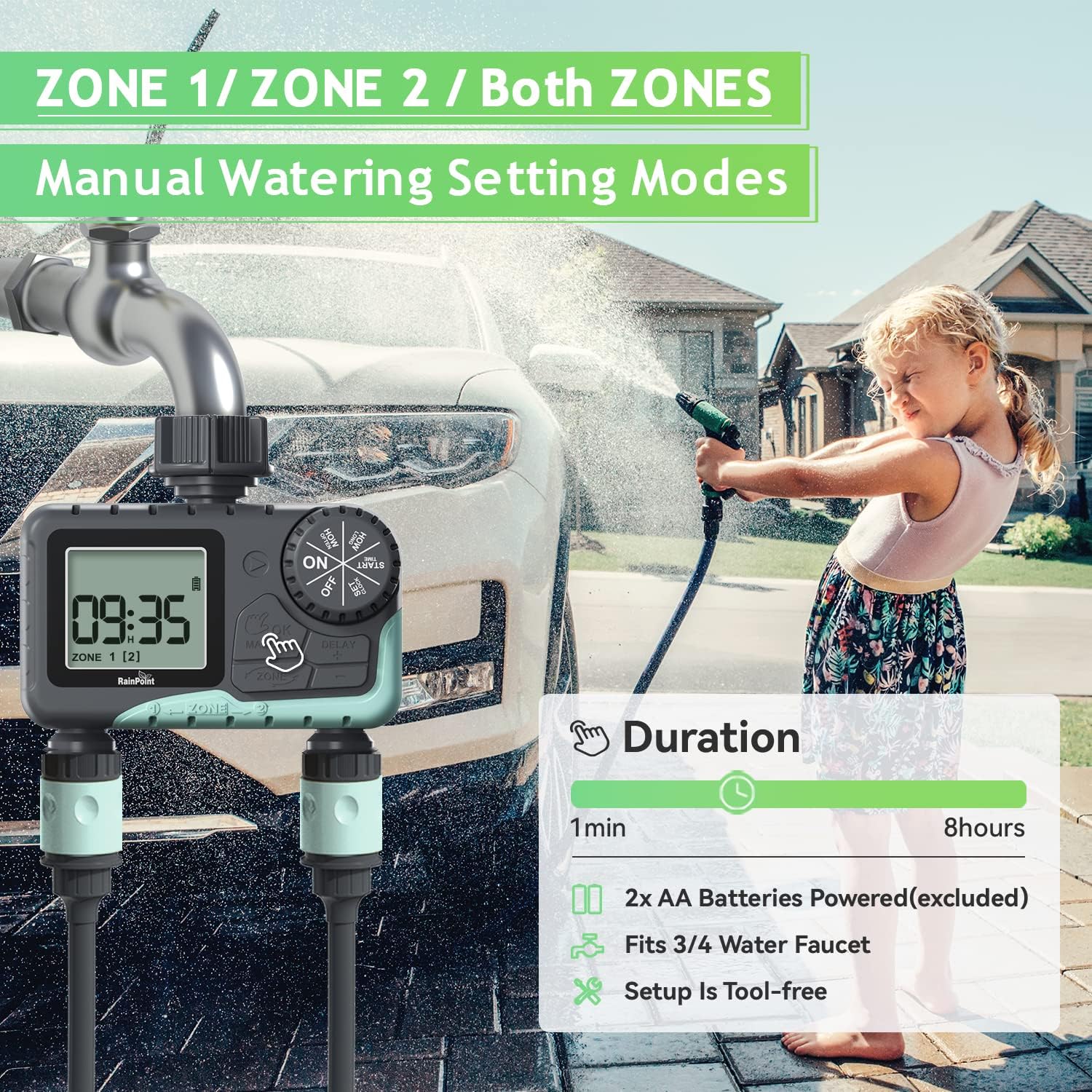 RAINPOINT Sprinkler Timer Outdoor, Programmable Water Timer for Garden Hose, Drip Irrigation Timer System with Rain Delay/Manual/Automatic Mode, Faucet Controller Sprinklers for Yard, Lawns,2 Outlet