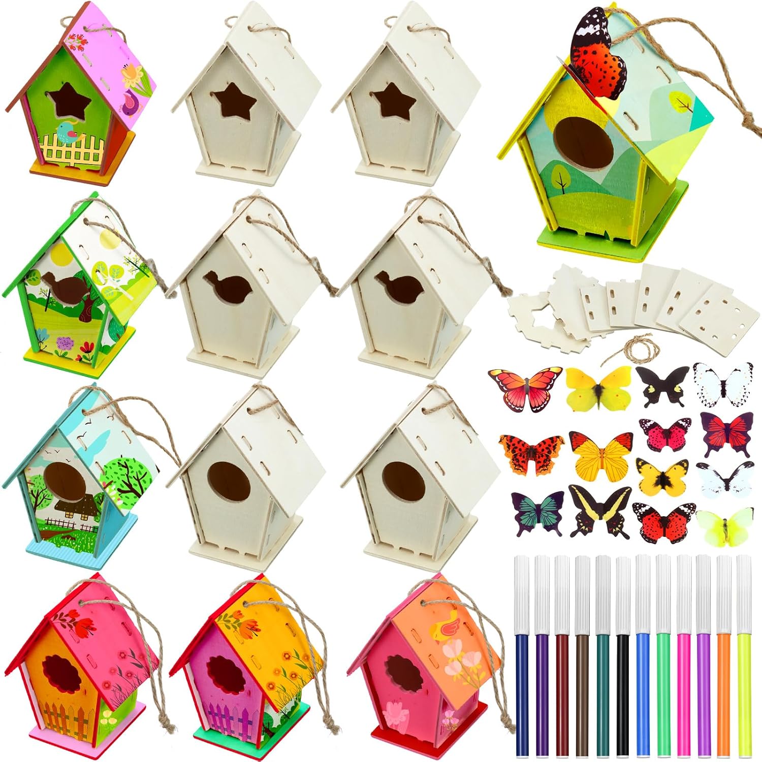 Outus 12 Pcs Wooden Birdhouse Craft Kits to Build, 4 Shapes Wooden Unfinished Bird House with Butterfly Sticker for and Arts Crafts Bulk Painting Kits(Classic Style,3.6×4 Inch)