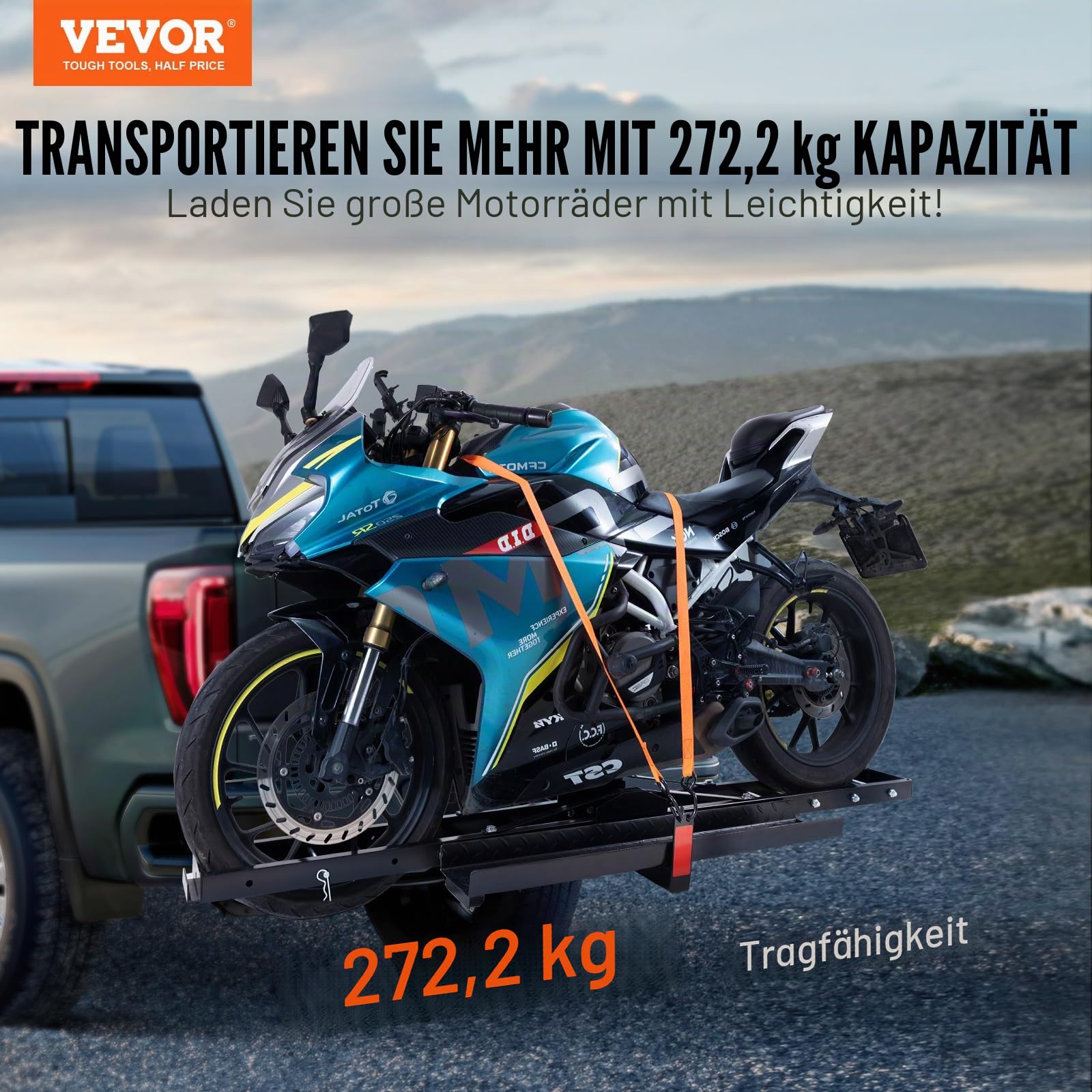 VEVOR Stahl-Motorradträger, 272,2 kg Anhängerkupplung, 119,4 cm Rampe, Roller-Dirt-Bike-Anhänger, Ratschenriemen, Stabilisator, Auto/LKW