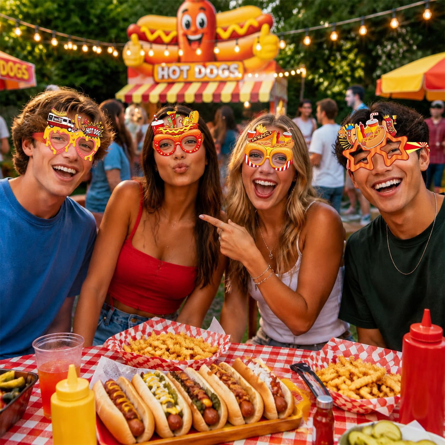 24 PCS Hot Dog Party Paper Eyeglasses, Hot Dog Party Favors Decorations Supplies, Hot Dog Birthday Party Decorations Gifts Photo Booth Props for Kids Boys Girls