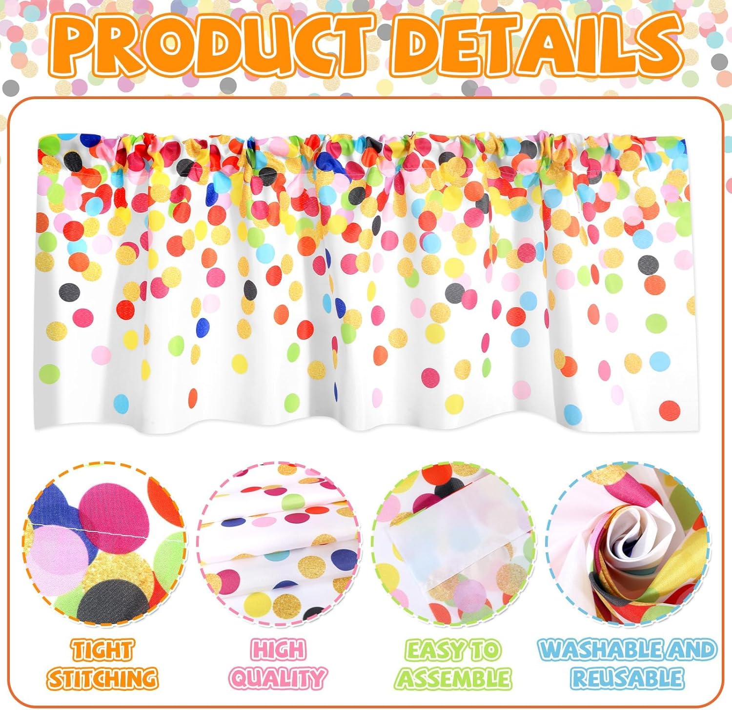 Wiooffen 4 PCS School Classroom Curtains Back to School Valance Curtain 18 x 54In Colorful Confetti Window Treatment Confetti Polka Dot Curtain for Kindergarten Daycare Primary Bedroom Decor(White)