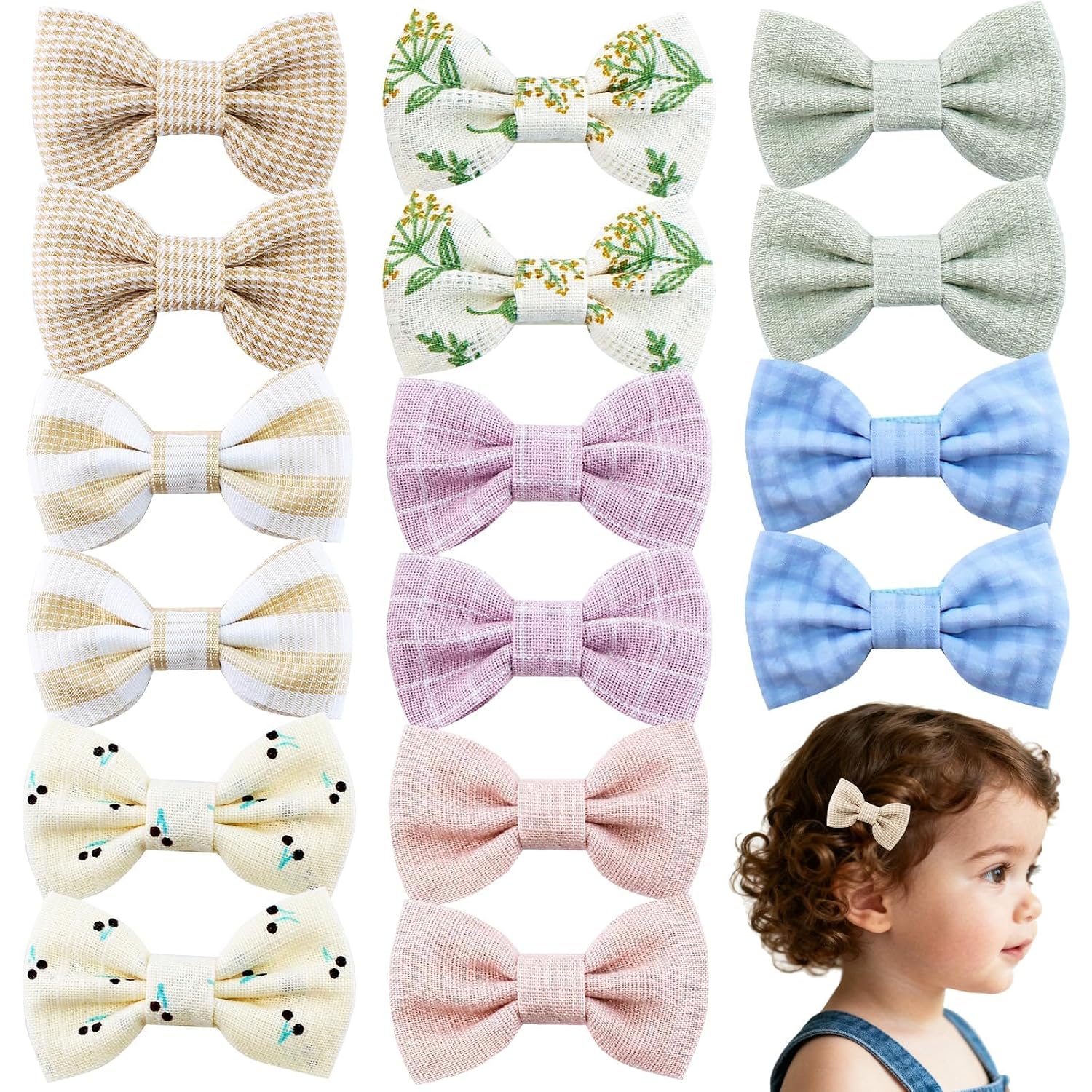 16pcs Baby Girls Bow Clips Soft Cotton Lined Non Slip Hair Barrettes Cute Design Hair Accessories for Infant Fine Hair Daily Wear Family Photo Decor (Cute)