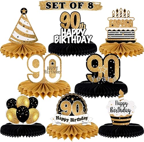 Miniatura 102 de LINGTEER Decoración feliz 50 cumpleaños negro y dorado de papel para mesa - Juego de centros de mesa con estrella de pastel y globo, 8 piezas
