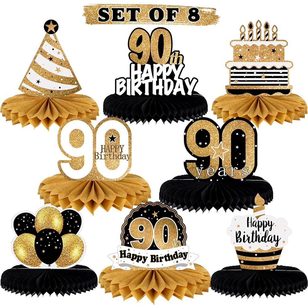 LINGTEER Happy 90th Birthday Table Honeycomb Centerpieces Perfect for Cheers to 90th Birthday Ninety Years Old Party Table Decorations Gift Sign.