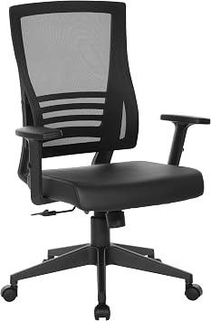 Office Star Mesh Back Office Chair with 2-to-1 Synchro Tilt Control and Adjustable Padded Arms, Black Faux Leather with Black Frame