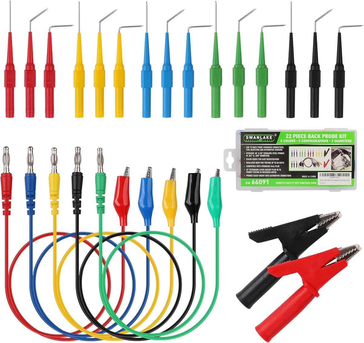 SWANLAKE Kit de sonda trasera de 22 piezas, pines de sonda trasera de multímetro con cables de prueba y pinzas de cocodrilo, juego de herramientas de diagnóstico de circuito eléctrico automotriz para reparación de automóviles