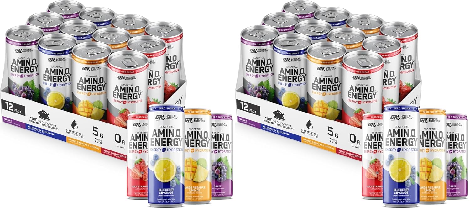 Optimum Nutrition Amino Energy Sparkling Hydration Drink,Electrolytes,Caffeine,Amino Acids,BCAAs,Sugar Free,12 Fl Oz,Variety (Packaging May Vary),12 Count (Pack of 2)