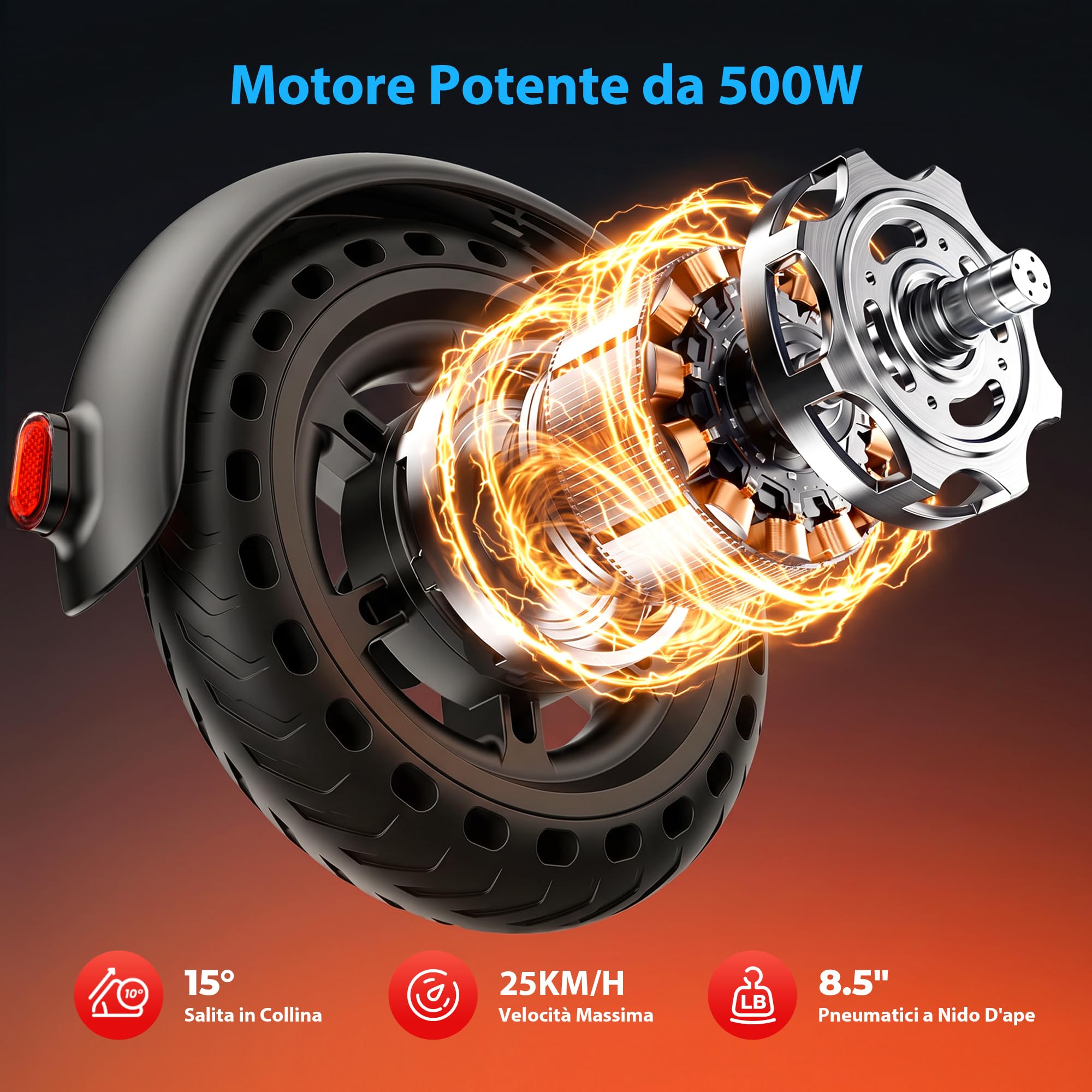 W3C Monopattino Elettrico Adulto, Pieghevole Scooter Elettrico, Velocità Fino a 25 Km/h, 25-35Km di Autonomia, Motore da 500W, 8.5" Pollici a Nido D'ape Resistente All'usura
