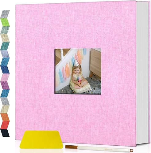 Popotop Photo Album Self Adhesive with Picture Display Window,60 Pages DIY Scrapbook Album for 4x6 8x10 Picture,Linen Cover Memory Book for Baby Wedding, with Scraper and Metallic Pen