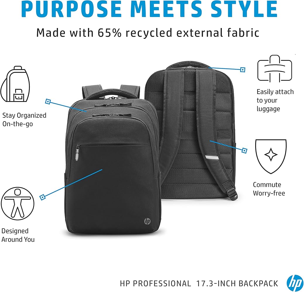 HP Professional 17.3-inchLaptop Backpack, sustainable materials, RFID blocking, Bluetooth tracker pocket, water bottle holder, trolley passthrough (500S6AA) : Electronics