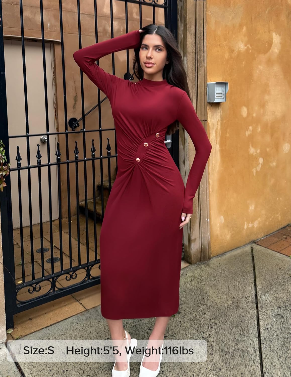 ZESICA Womens 2026 Fall Long Sleeve Mock Neck Bodycon Midi Dress Ruched Knit Elegant Party Cocktail Formal Dresses - Image 7