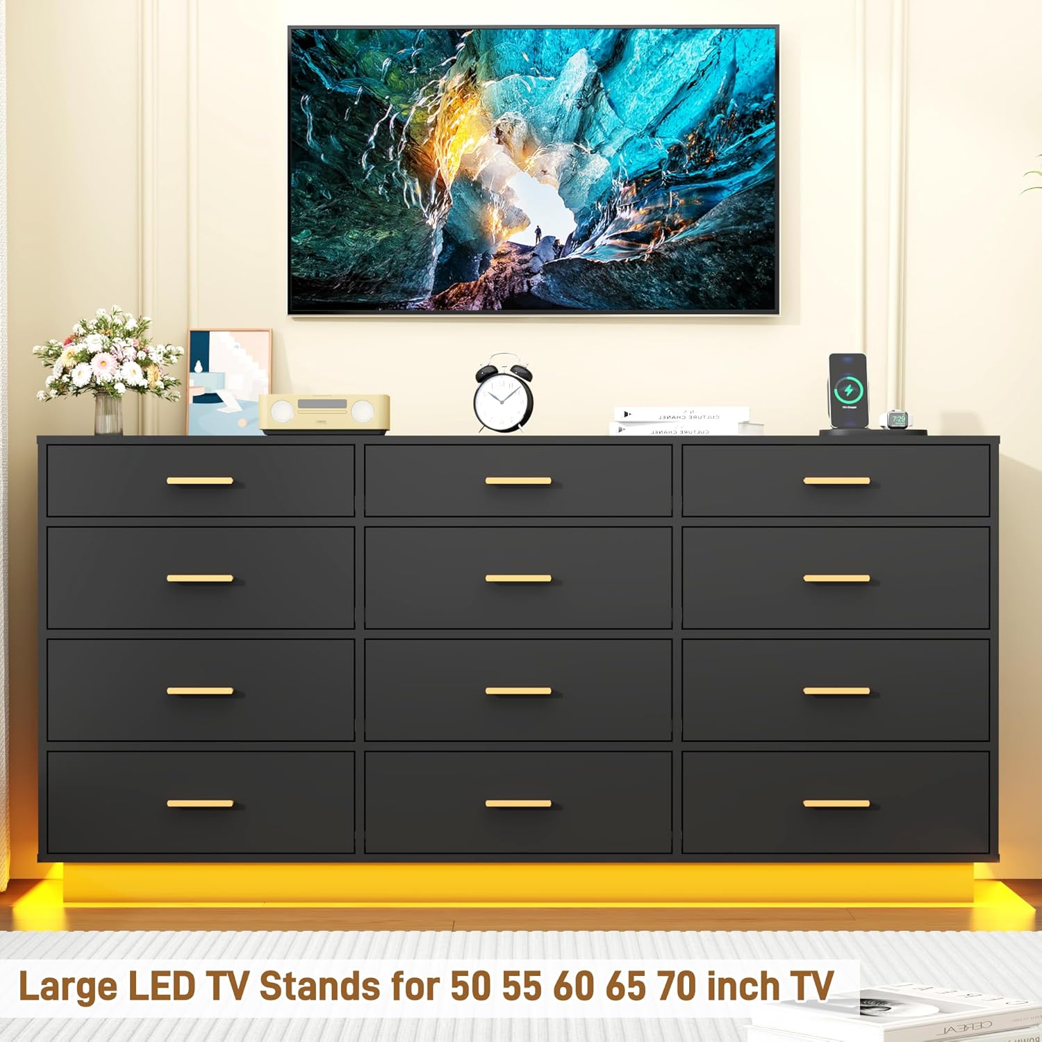 12 Drawers Dresser W/Power Outlets for Bedroom, 63inch Drawer Dressers W/6000 Colors Lights, Wood Tall Dresser Storage Organizer,Black Chest of Drawers for Closet, Hallway, Entryway, Living Room