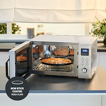 SEVERIN Microwave with Grill and Convection Air Fryer Function, 4-in-1 for Defrosting, Cooking and Warming, 25 L, Brushed Stainless Steel/Silver, MW 7982