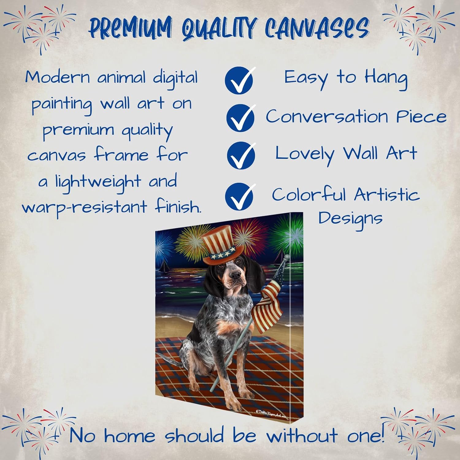 4th July Fireworks with Bluetick Coonhound Dogs Canvas Wall Art - Premium Quality Ready to Hang Room Decor - Black Floating Framed 16" x 16"