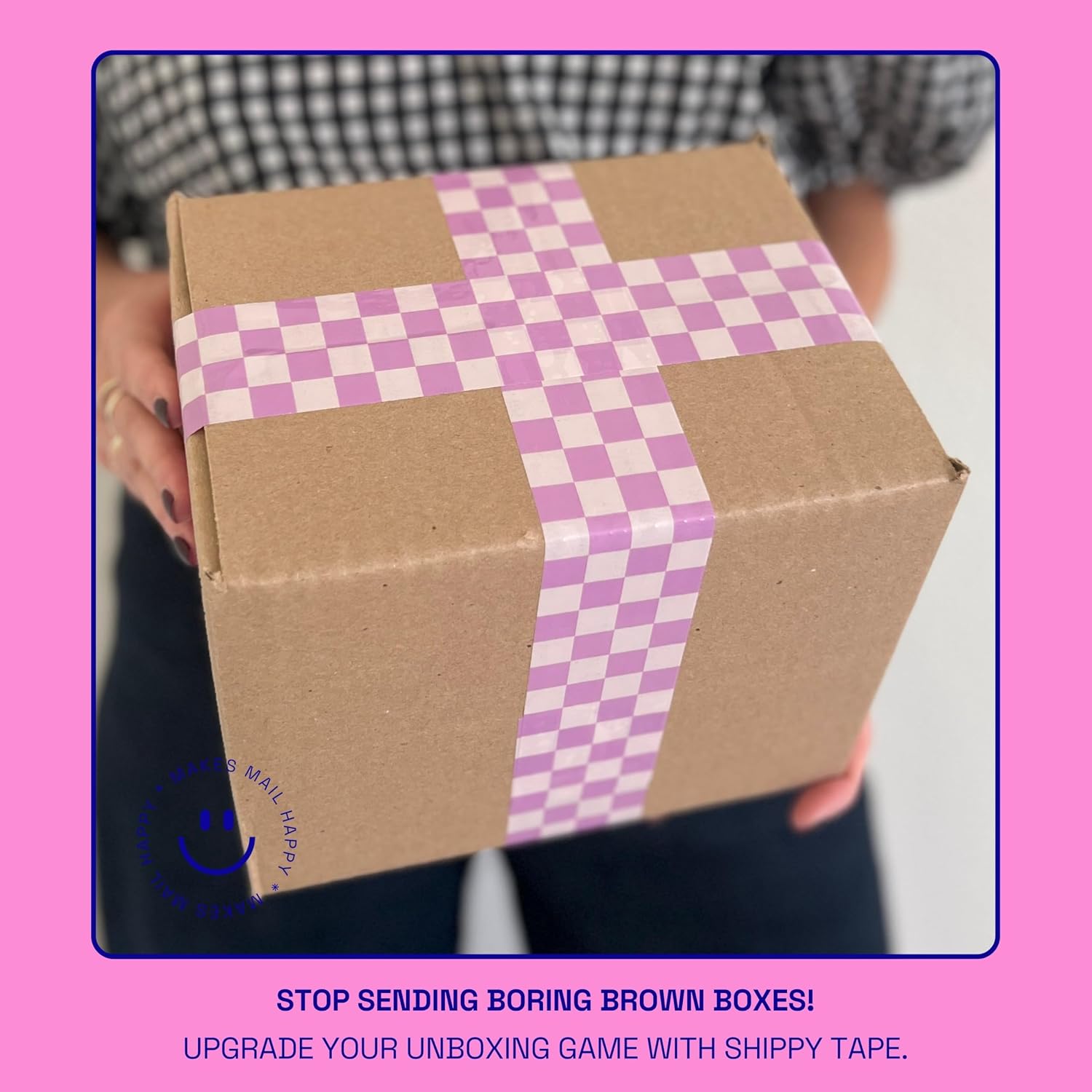 Cute Lavender Purple Decorative Printed Packaging Tape, Checkerboard Pattern Packing and Shipping Tape for Small Business Packaging Supplies, Heavy-Duty 2.6mil, 1.88" x 110 Yards (330 feet) image 2