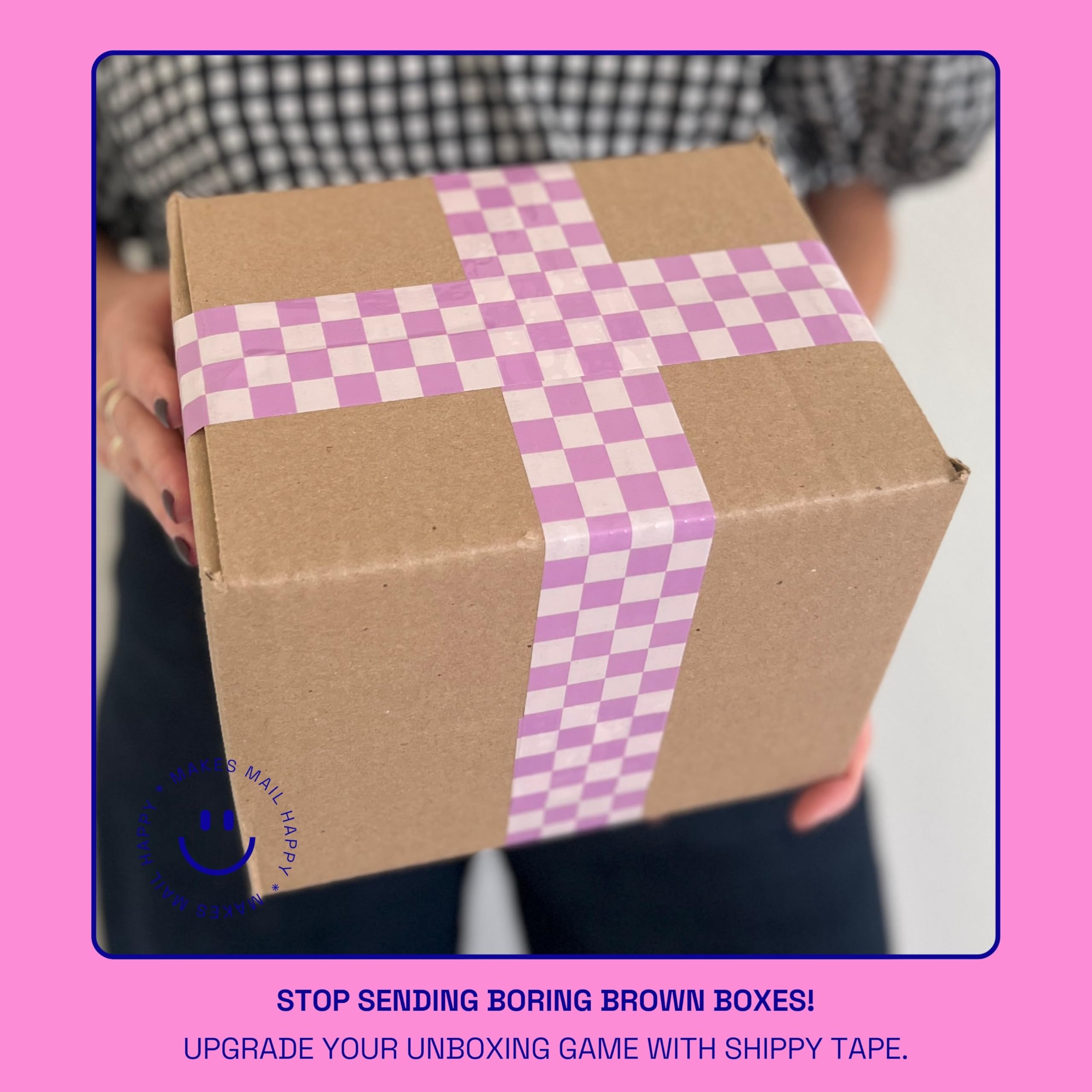 Bonita cinta de embalaje impresa decorativa rosa, cinta de embalaje y envío con patrón de tablero de ajedrez para suministros de embalaje de pequeñas empresas, resistente, 2.6 mil, 1.9